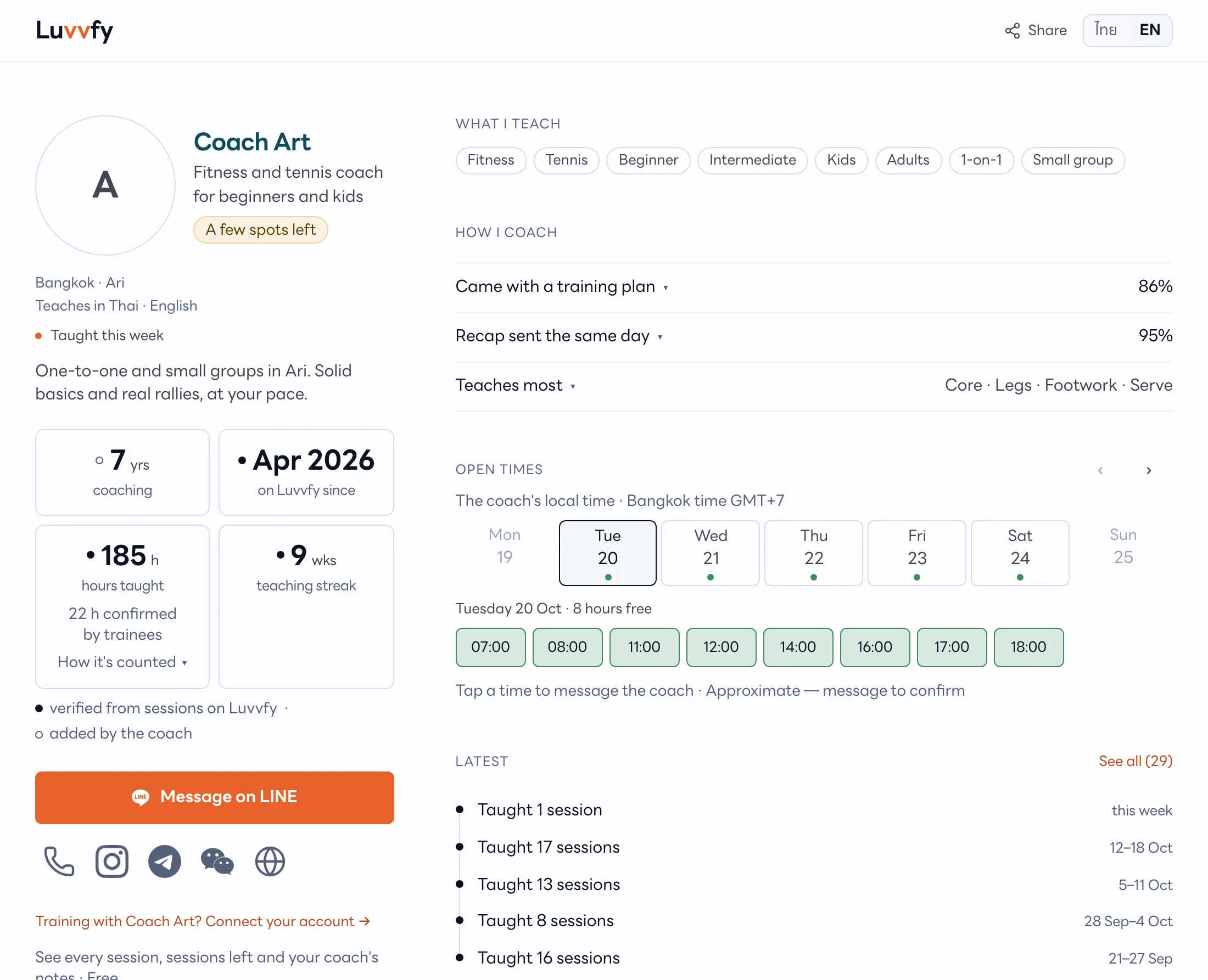 A coach's public profile on Luvvfy